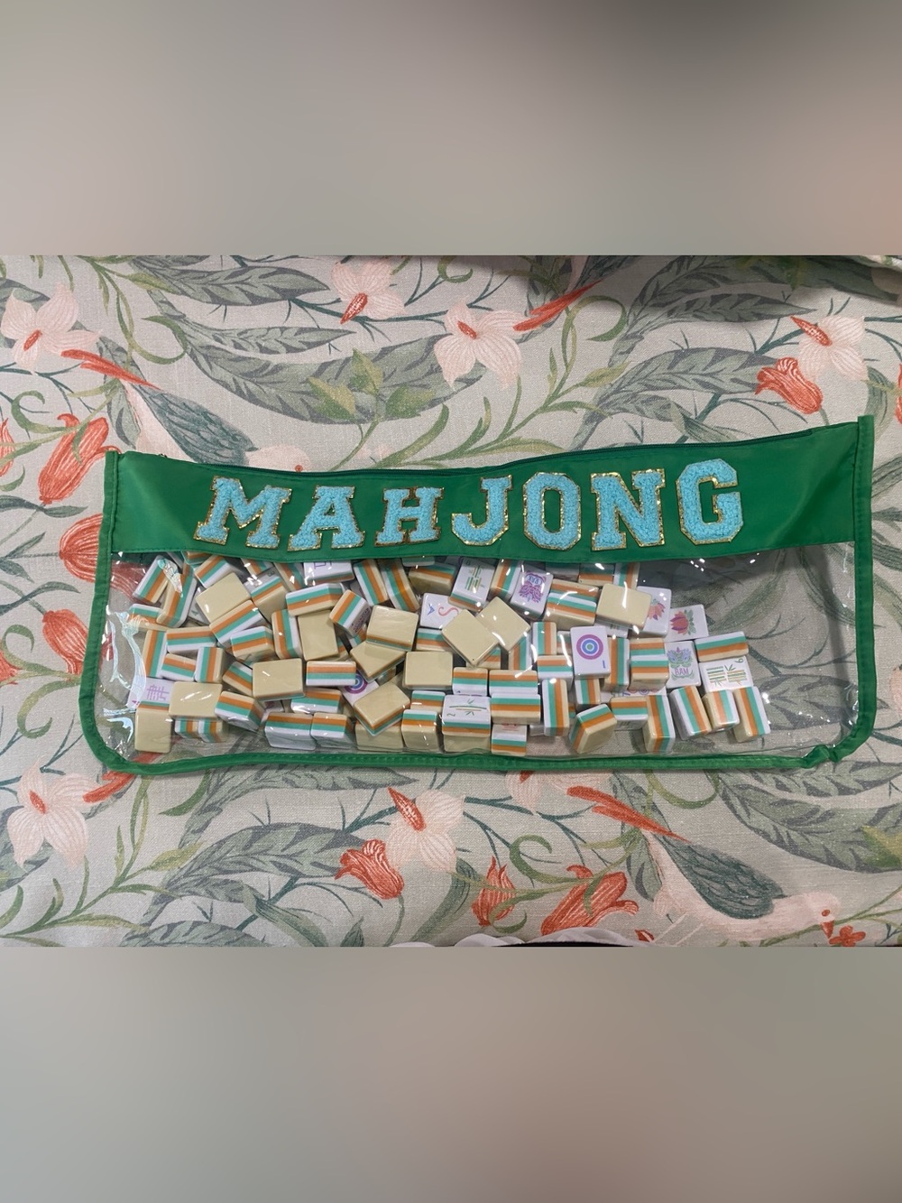 Mahjong Tile Set with Multicolor Floral and Letter Accents with Green Tile Bag